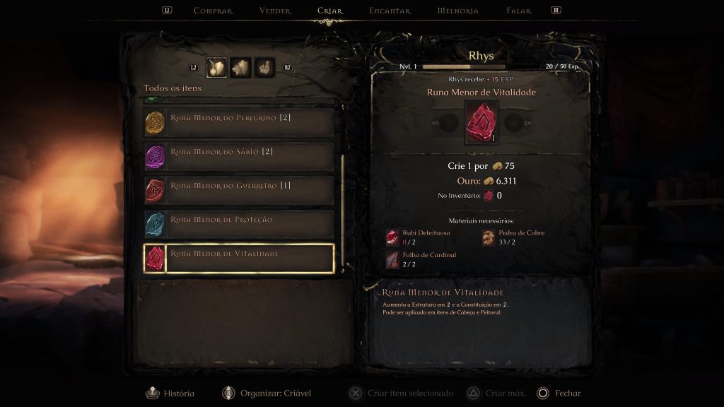 Review de Mandragora: Whispers of the Witch Tree - Tela de fabricação das gemas