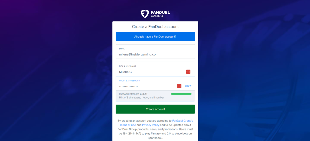 Screenshot of the Registration on FanDuel Casino