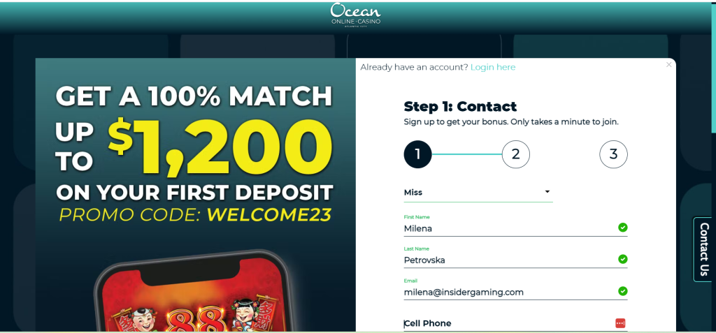 Screenshot of the registration at Ocean Casino