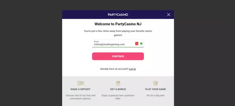 Screenshot of the registration on PartyCasino