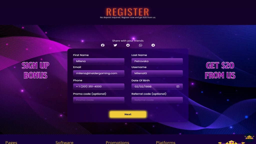 Screenshot of the Registration page on BitBetWin Casino
