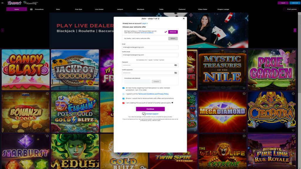 Screenshot of the registration page on Pala Casino (rebranded to Stardust)
