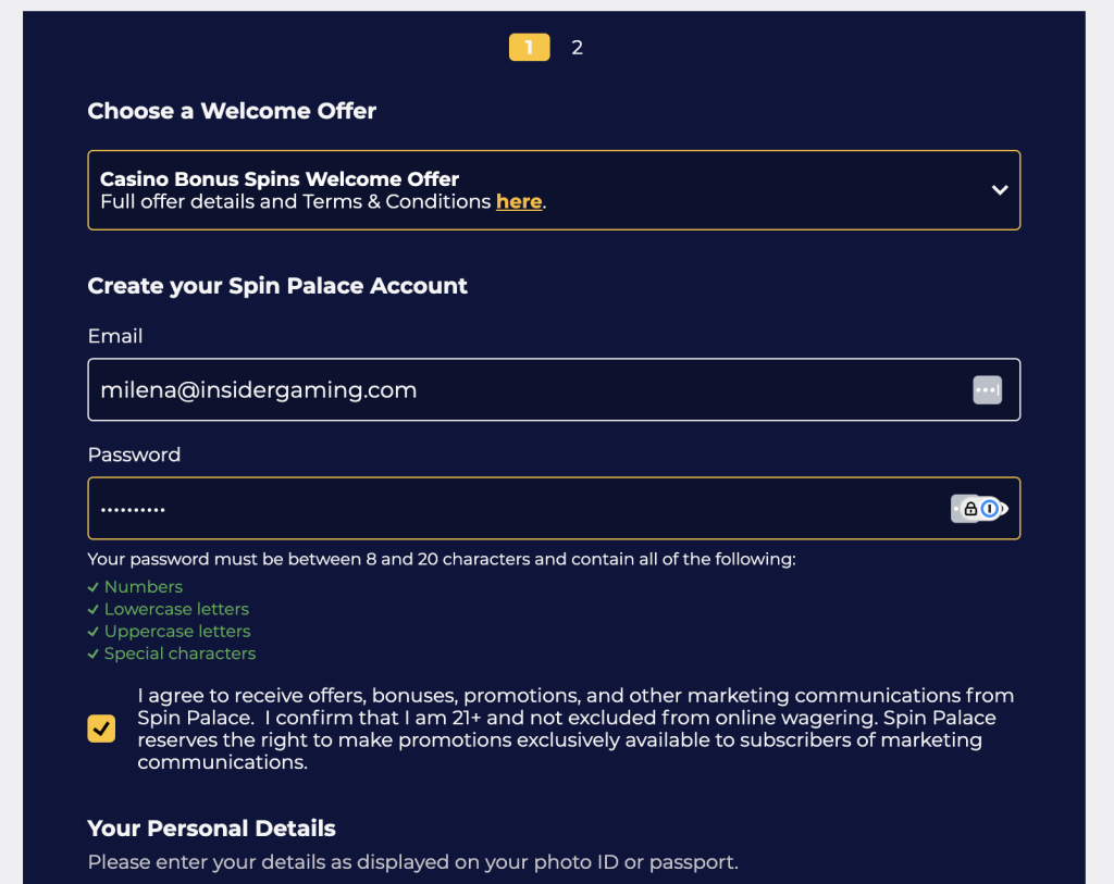 Screenshot of Spin Palace Online Casino Sign Up Form