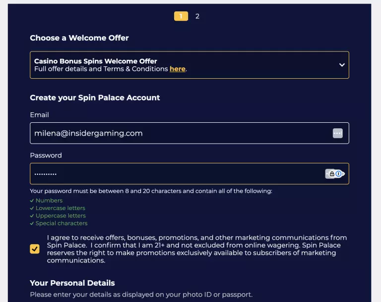 Screenshot of Spin Palace Online Casino Sign Up Form