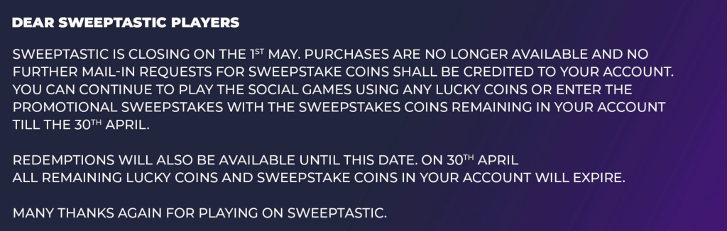 screenshot of Sweeptastic Casino statement