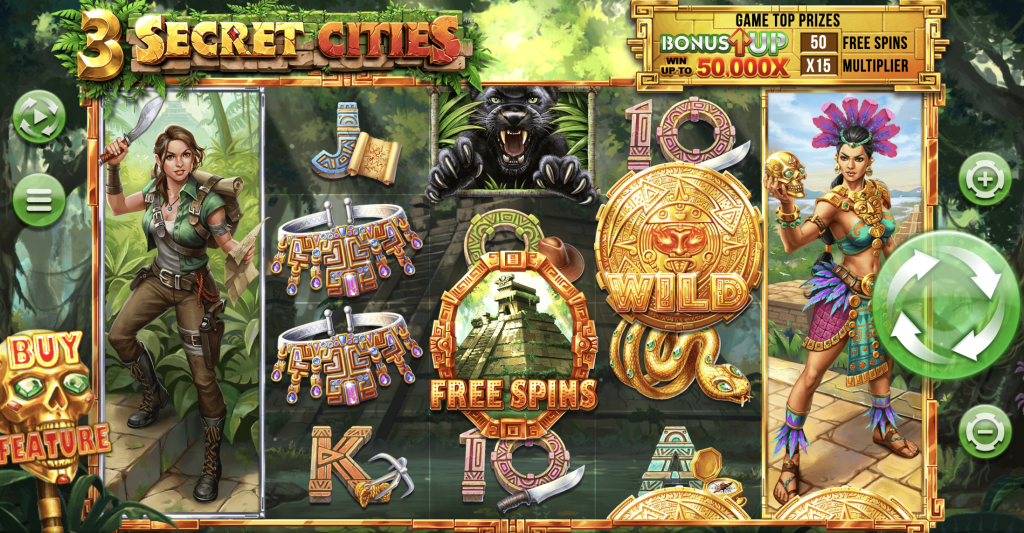 3 Secret Cities slot game with jungle explorer theme, Aztec-style wilds, bonus symbols, and free spins feature with up to 50,000x multiplier
