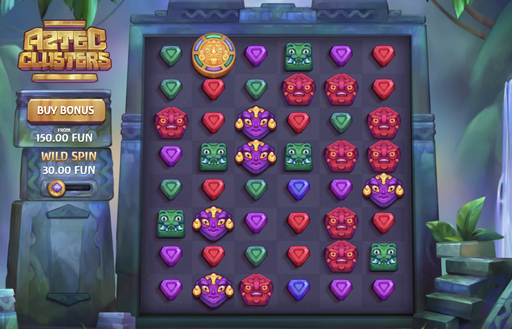 Aztec Clusters slot game featuring colorful totem symbols, cascading grid layout, wild spins, and bonus buy options starting from 150 FUN