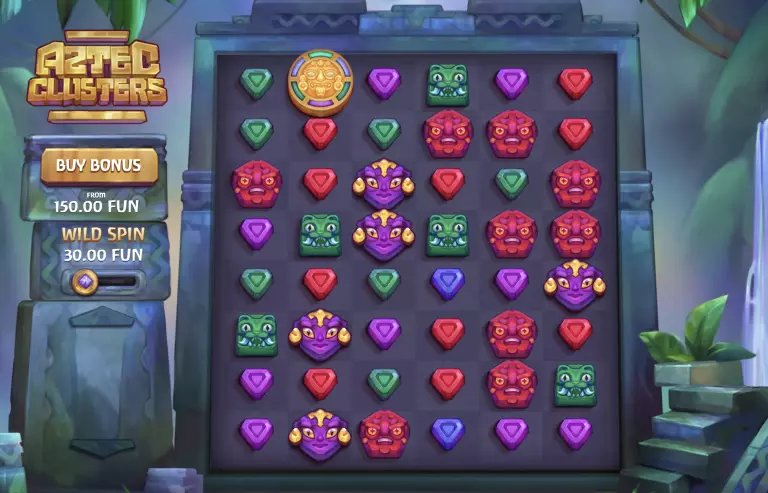 Aztec Clusters slot game featuring colorful totem symbols, cascading grid layout, wild spins, and bonus buy options starting from 150 FUN
