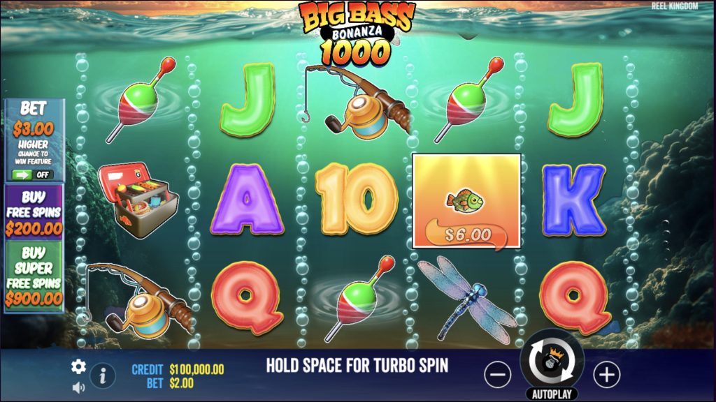 Big Bass Bonanza 1000 slot game by Reel Kingdom featuring underwater fishing theme, floating symbols, and bonus buy options for free spins.