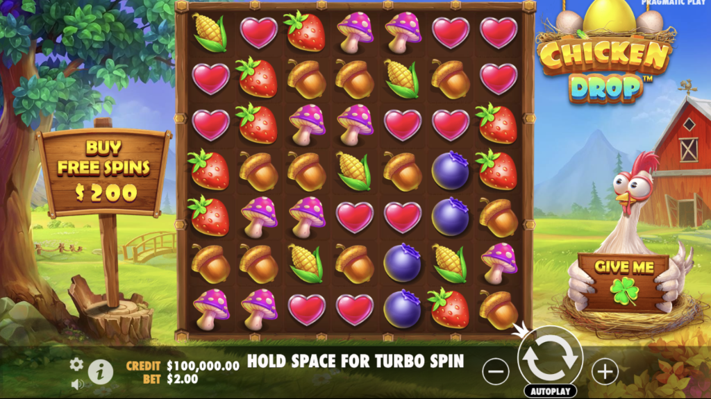 Chicken Drop slot game by Pragmatic Play featuring cluster pays, farm-themed symbols like strawberries and acorns, and $200 free spins bonus buy option