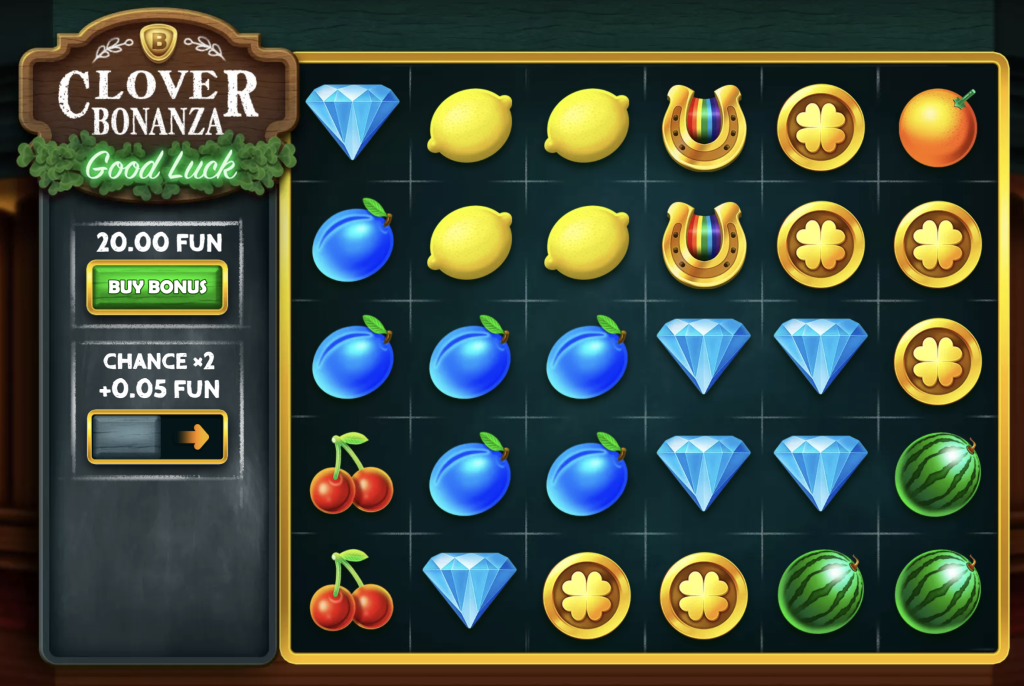 Clover Bonanza slot game featuring fruit and gem symbols, clover coins, bonus buy option, and multiplier chance boosts for increased winnings