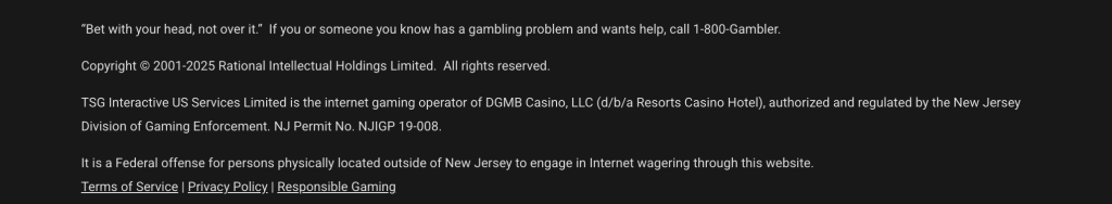 PokerStars Casino footer with responsible gaming message, licensing details from NJ DGE, and links to terms, privacy policy, and support for problem gambling.