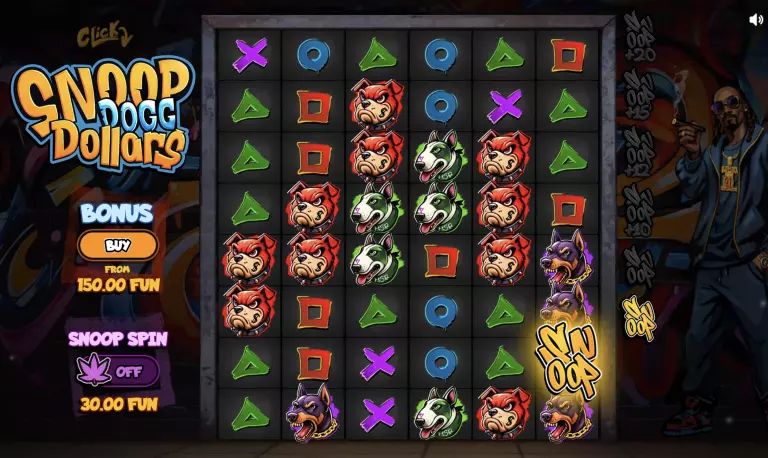 Snoop Dogg Dollars slot game with graffiti theme, dog symbols, Snoop Spin feature, and bonus buy option starting from 150 FUN