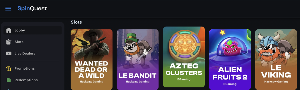 SpinQuest Casino homepage showcasing top online slots including Wanted Dead or a Wild, Le Bandit, Aztec Clusters, Alien Fruits 2, and Le Viking by Hacksaw Gaming and BGaming.