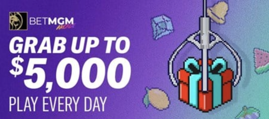 BetMGM Arcade Big Claw promotion banner offering players a chance to win up to $5,000 daily with retro claw machine theme