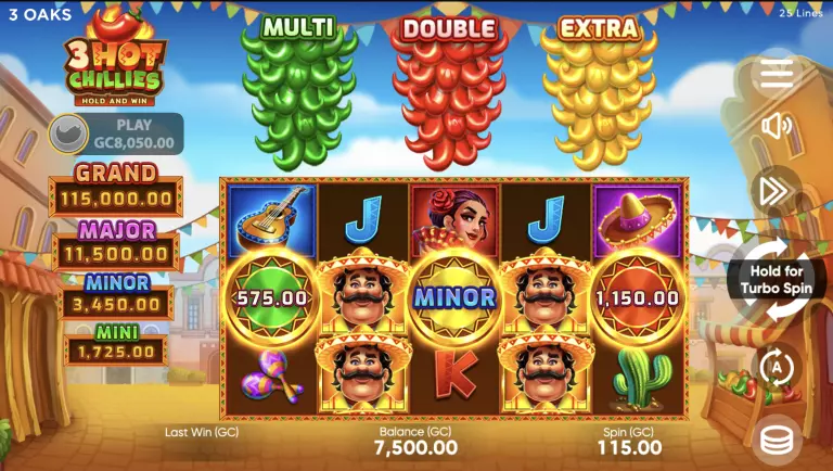 3 Hot Chillies Hold & Win online slot game featuring vibrant Mexican theme with chili peppers, guitars, maracas, sombreros, and multiple jackpot prizes like Grand, Major, Minor, and Mini