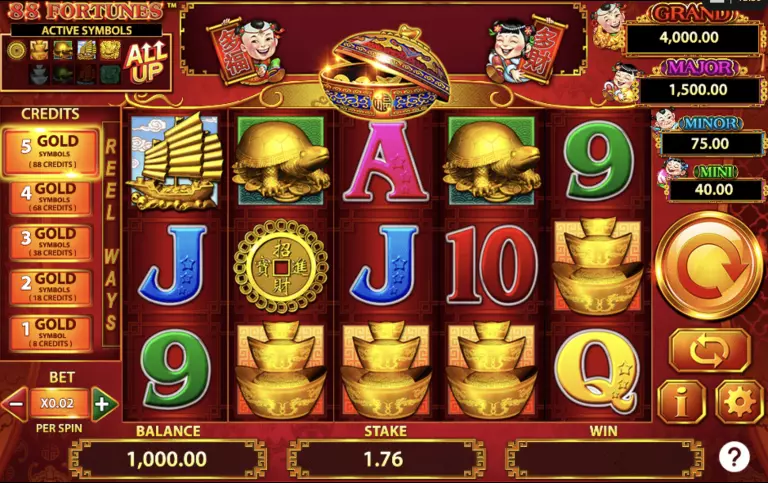 88 Fortunes slot machine game screen with gold ingots, turtles, jackpots up to $4,000, and a 1.76 stake displayed on a red and gold Asian-themed layout