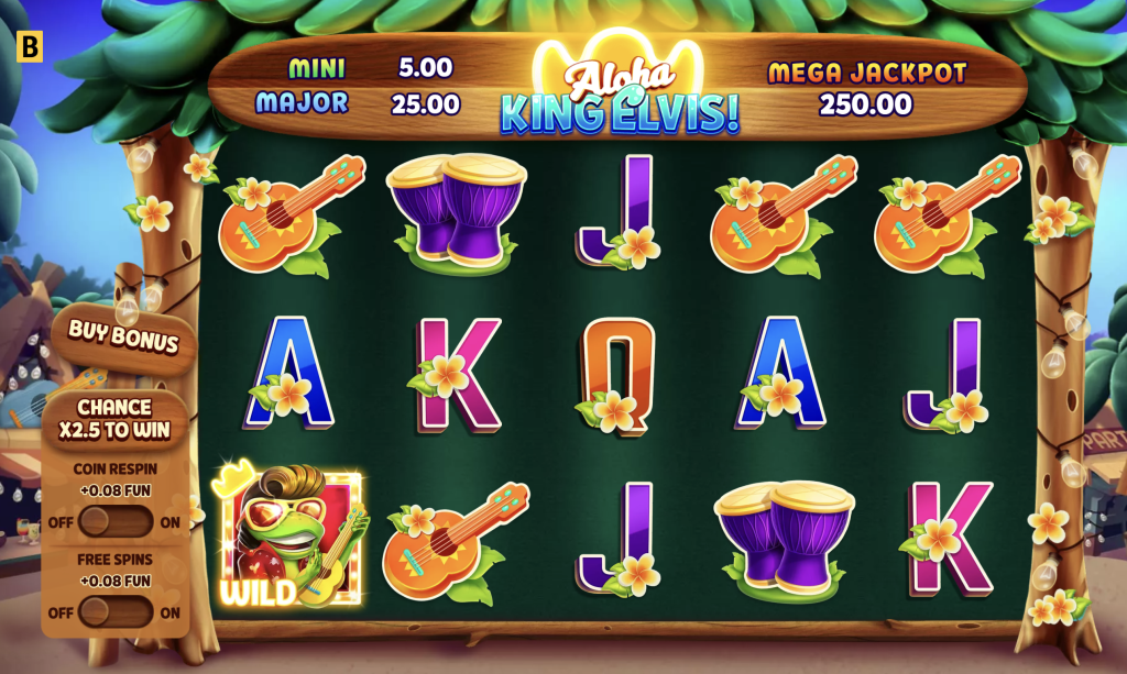 Aloha King Elvis slot game with tropical Hawaiian theme featuring guitars, bongos, wild frog symbols, and jackpot prizes for Mini, Major, and Mega wins