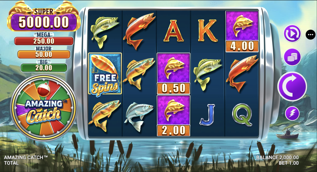 Amazing Catch online slot game interface showing reels with colorful fish symbols, Free Spins icon, and progressive jackpots including Super $5,000, Mega $250, Major $50, and Big $20