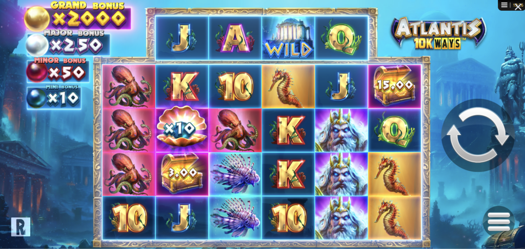 Atlantis 10K Ways slot game featuring ocean-themed symbols, wilds, treasure chests, and multiple bonus multipliers set in an underwater city