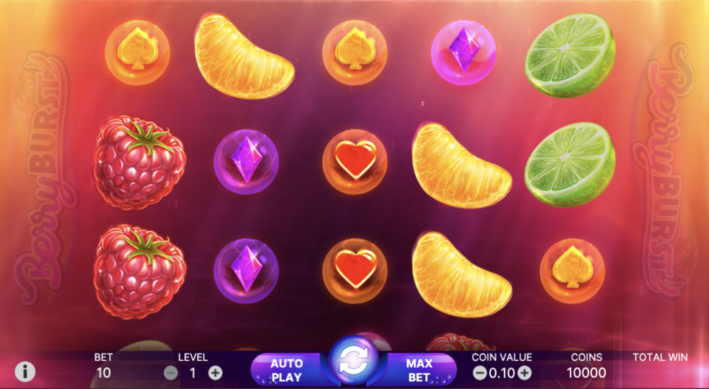 Berry Burst slot game screen with colorful fruit symbols, glowing gems, and autoplay/max bet options, set on a vibrant pink and orange background by NetEnt
