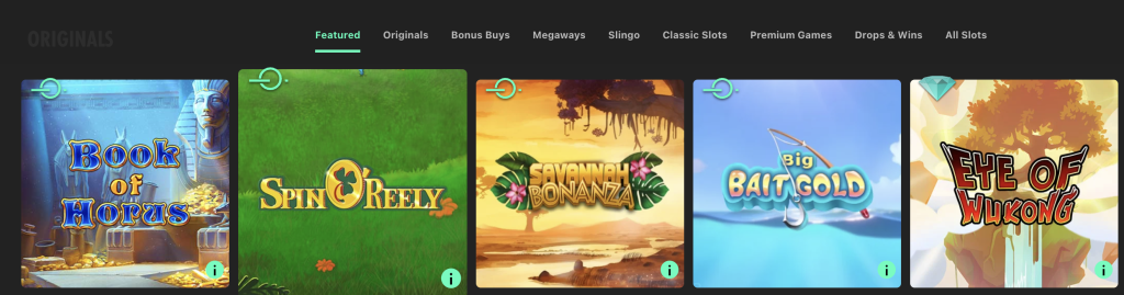 Bet365 featured online slots including Book of Horus, Spin OâReely, Savannah Bonanza, Big Bait Gold, and Eye of Wukong displayed in the Originals category.