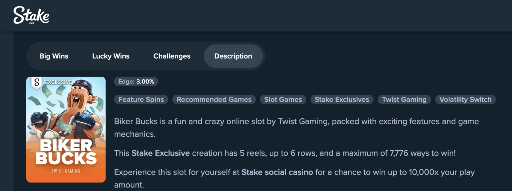 Biker Bucks slot game by Twist Gaming on Stake.us featuring 5 reels, up to 6 rows, 7,776 winning combinations, and a 3.00% edge, with a chance to win up to 10,000x