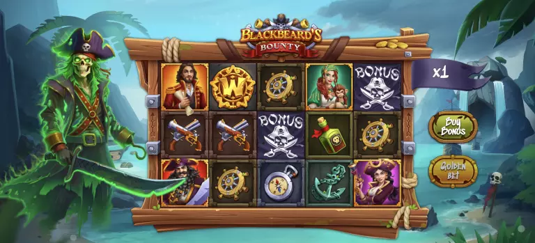 Blackbeardâs Bounty online slot game featuring pirate-themed symbols, bonus scatter icons, wild symbols, and buy bonus option set on a tropical island backdrop