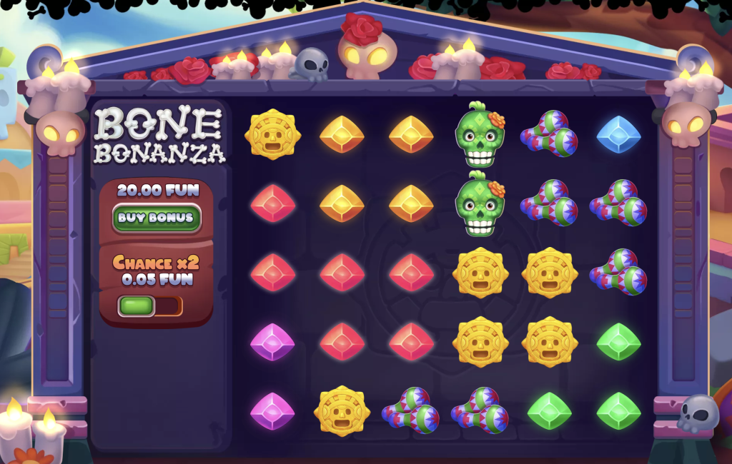 Bone Bonanza slot game with colorful DÃa de los Muertos theme featuring skulls, maracas, and gemstone symbols on a festive tombstone reel layout.
