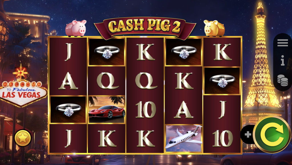 Cash Pig 2 slot game with luxury-themed symbols like diamonds, sports cars, and private jets set against a glamorous Las Vegas backdrop