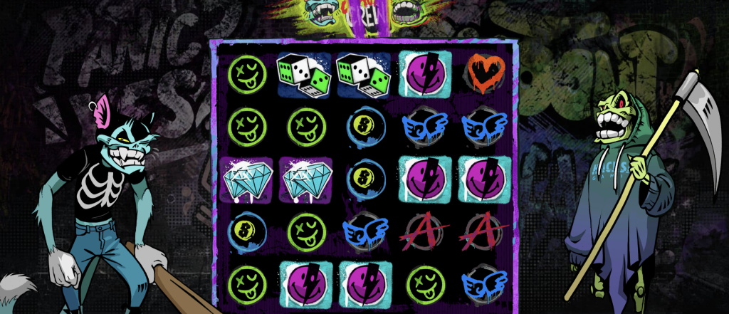 Chaos Crew 2 slot game with graffiti-style graphics, cartoon characters, and colorful bonus symbols on a dark punk-themed background