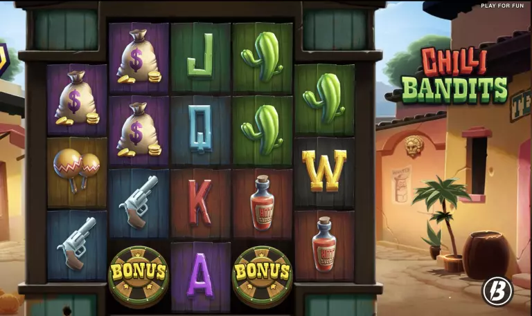 Chilli Bandits slot game featuring wild west symbols like chili peppers, maracas, revolvers, hot sauce, and bonus wheels in a vibrant Mexican town backdrop