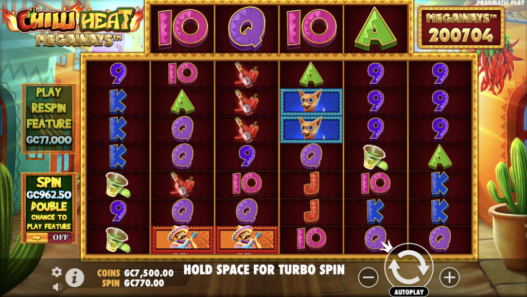 Chilli Heat Megaways slot machine by Pragmatic Play featuring Mexican-themed symbols like sombreros, tequila shots, and chihuahuas with 200,704 Megaways and a vibrant fiesta backdrop
