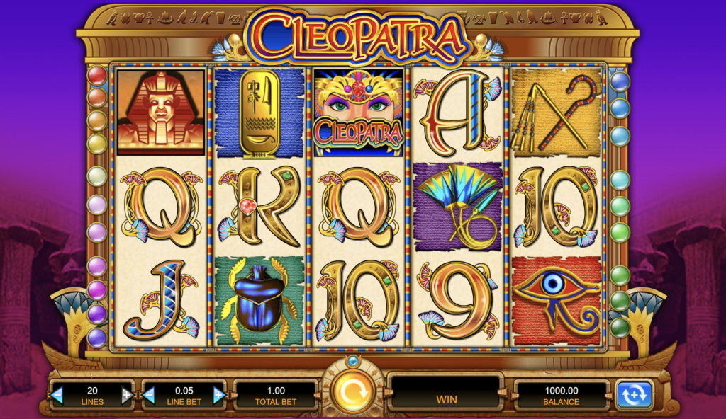 Cleopatra online slot game interface featuring Egyptian-themed symbols like scarabs, pharaohs, and the Eye of Horus, with 20 paylines and a vibrant ancient Egypt background