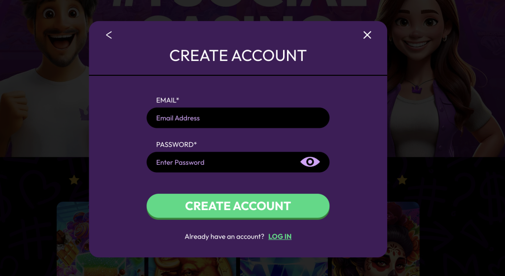 CrownCoins Casino create account form with fields for email and password entry, featuring a bold green 'Create Account' button and login option for existing users