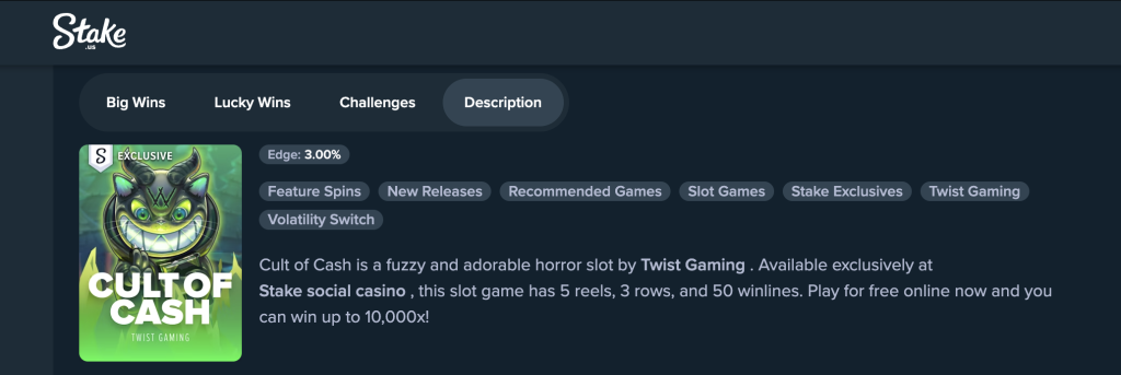 Cult of Cash slot game by Twist Gaming featured on Stake.us with 5 reels, 50 winlines, and a 3.00% edge, showcasing a grinning demonic cat icon and exclusive gameplay tags