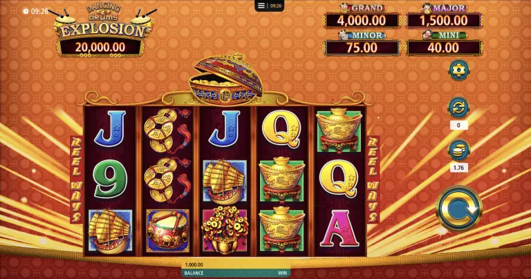 Dancing Drums Explosion slot machine gameplay screen with vibrant Asian-themed symbols, jackpot values, and Reel Ways feature.
