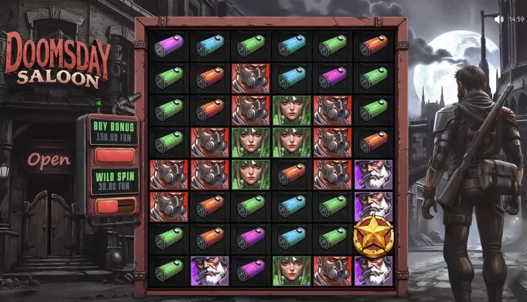 Doomsday Saloon slot game with post-apocalyptic theme featuring wild spin and bonus buy options, character and battery symbols on a 6x6 grid