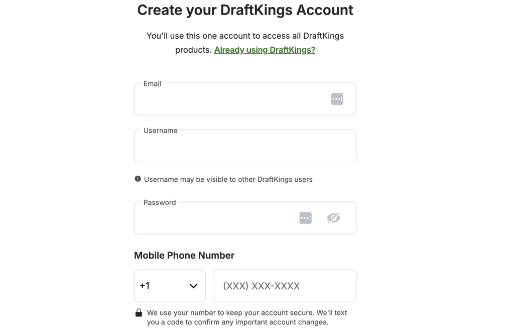 DraftKings account creation form requesting email, username, password, and mobile phone number for secure sign-up and verification