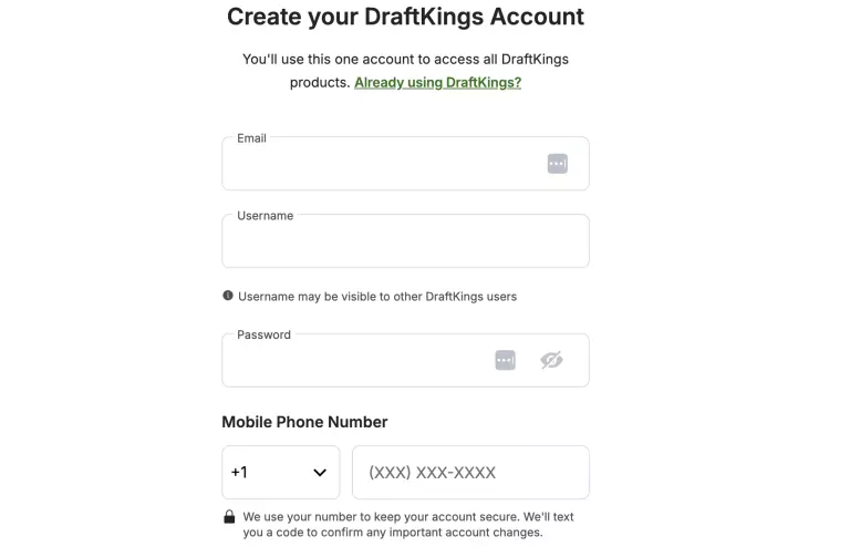 DraftKings account creation form requesting email, username, password, and mobile phone number for secure sign-up and verification
