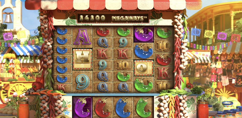 Extra Chilli Megaways slot by Big Time Gaming with vibrant Mexican market theme, cascading reels, and high volatility gameplay