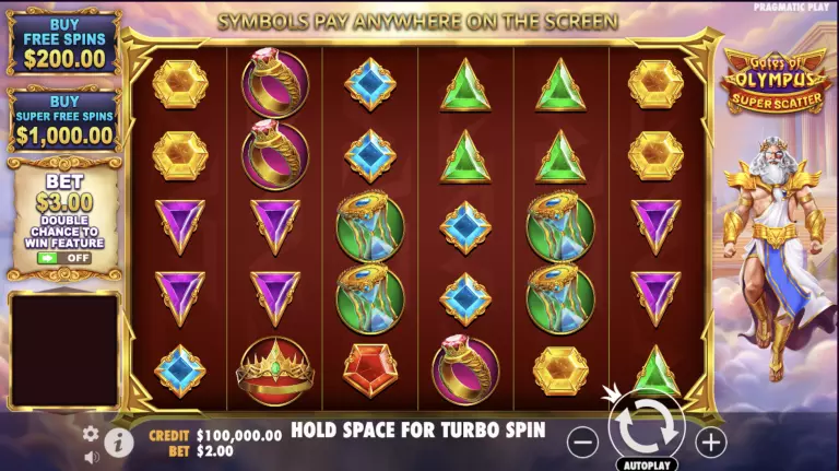 Gates of Olympus Super Scatter slot game by Pragmatic Play featuring Zeus, gem symbols, free spin buy options, and a $3 bet setting with turbo spin enabled.