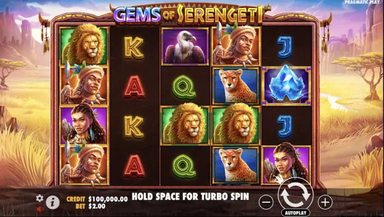 Gems of Serengeti online slot game by Pragmatic Play featuring African wildlife symbols like lions, cheetahs, and vultures alongside tribal characters and gemstone reels