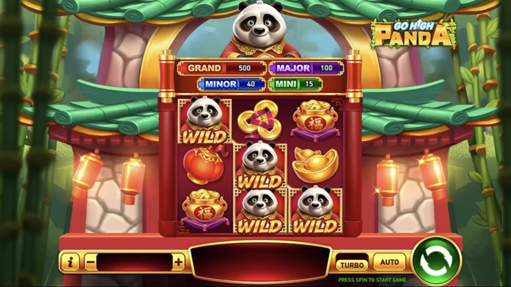 Go High Panda slot game featuring panda wild symbols, jackpot tiers including Grand, Major, Minor, and Mini, with a traditional Chinese pagoda and bamboo forest backdrop