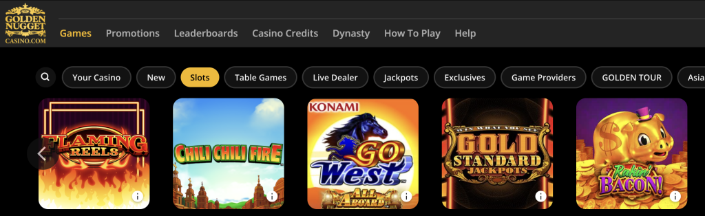 Golden Nugget Casino online slots lobby displaying featured games like Flaming Reels, Chili Chili Fire, Go West, Gold Standard Jackpots, and Rakin' Bacon with navigation filters for Table Games, Jackpots, and Game Providers.