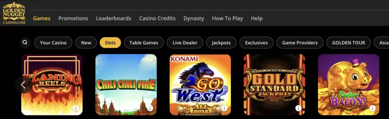 Golden Nugget Casino online slots lobby displaying featured games like Flaming Reels, Chili Chili Fire, Go West, Gold Standard Jackpots, and Rakin' Bacon with navigation filters for Table Games, Jackpots, and Game Providers.