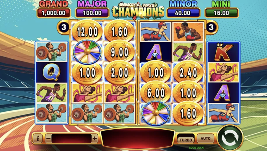Immortal Ways Champions slot game featuring sports-themed symbols like runners, swimmers, and weightlifters, with coin prizes, jackpot tiers, and a stadium backdrop