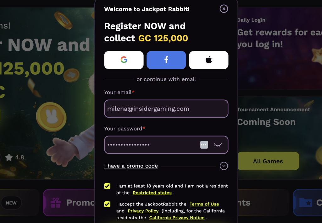 Jackpot Rabbit Casino sign-up form offering 125,000 free Gold Coins for new users with email, Google, Facebook, and Apple login options