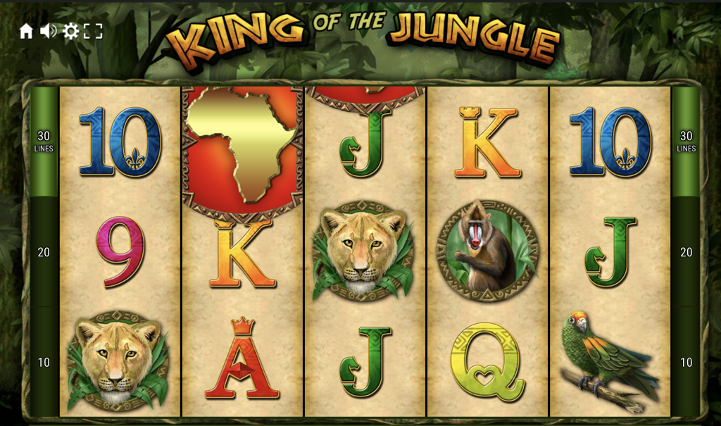 King of the Jungle slot game with African wildlife symbols including lions, parrots, and monkeys across 30 paylines in a lush jungle setting