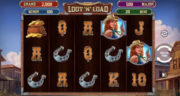 Loot N' Load slot game with wild west theme, female outlaw symbols, horseshoes, gold coin bags, and jackpot tiers including Grand, Major, Minor, and Mini